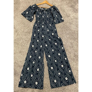 Earthbound Womens Jumpsuit Size Small Blue Geometric Wide Leg Hippie Artsy Boho